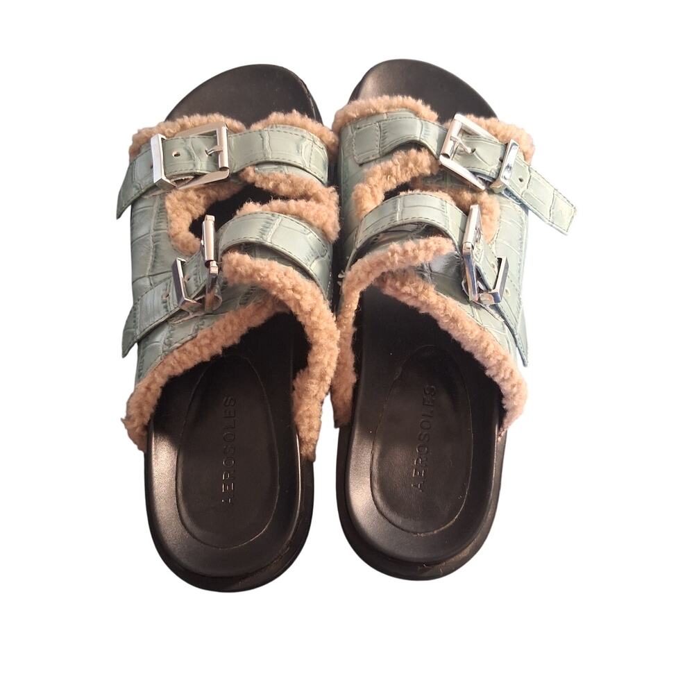 Aerosoles Olivia Blue Croc Faux Shearling Buckle Slides 8.5